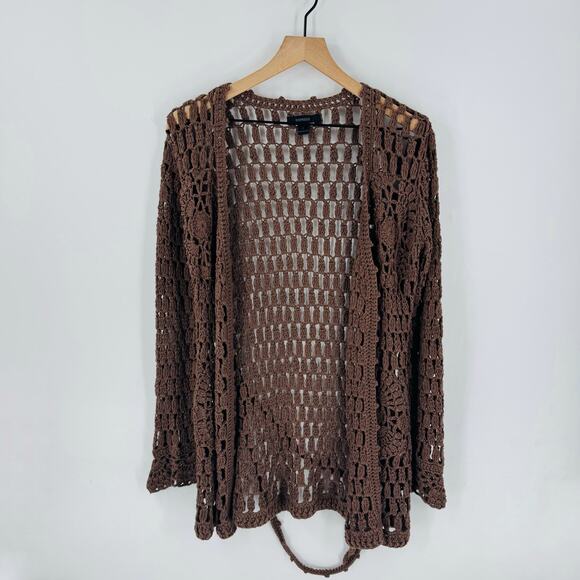 Y2K Express Brown Crochet Open Knit Cardigan Belted Boho Sweater Size L - Picture 1 of 8